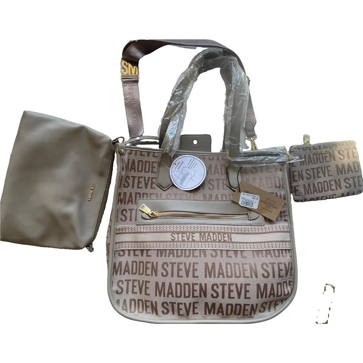 b. Sandra 3PC Handbag Set Tote Wristlet Pouch Logo Print by Steve Madden