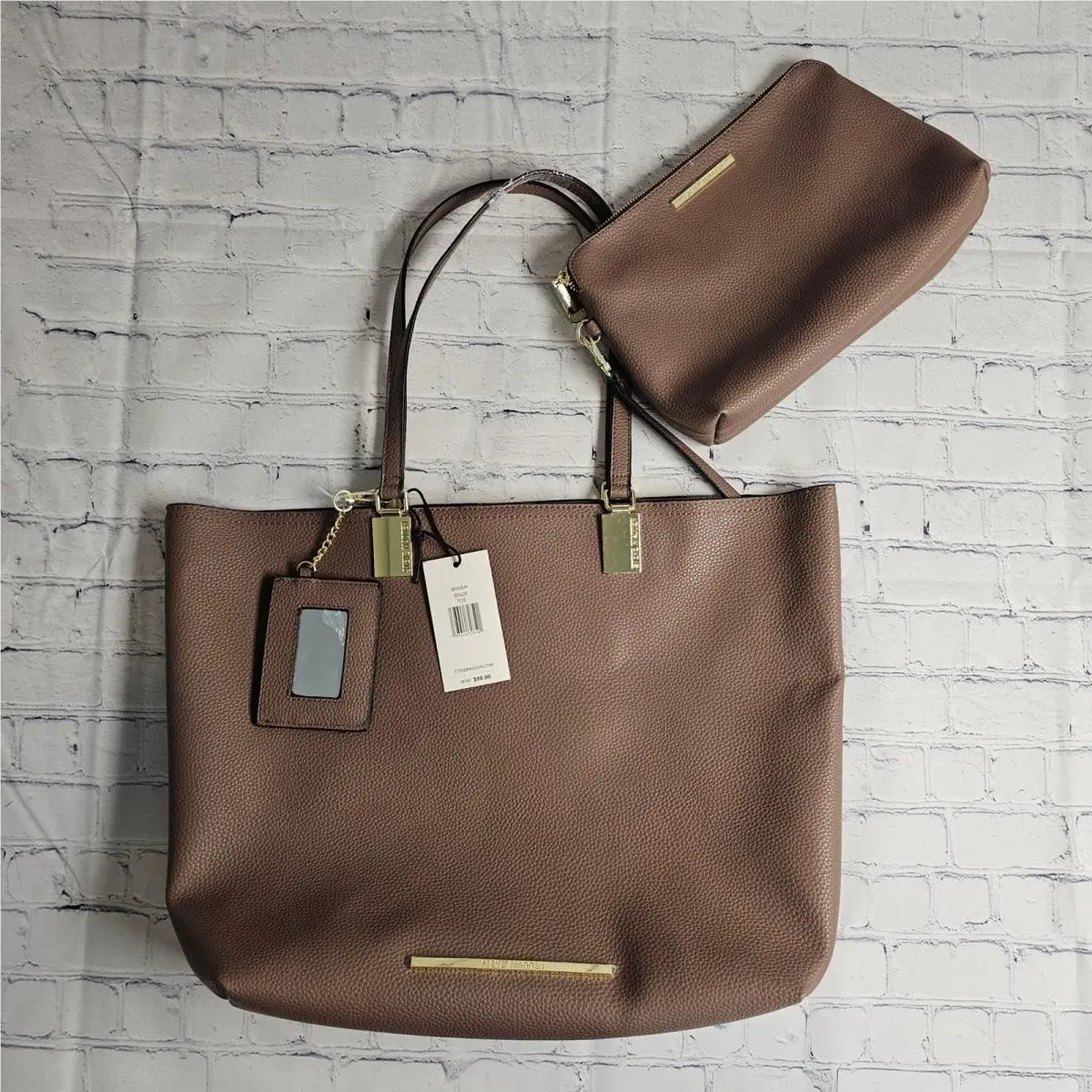 Bpammy Bisque Pebbled Tote Bag with Pouch and Mirror Charm by Steve Madden