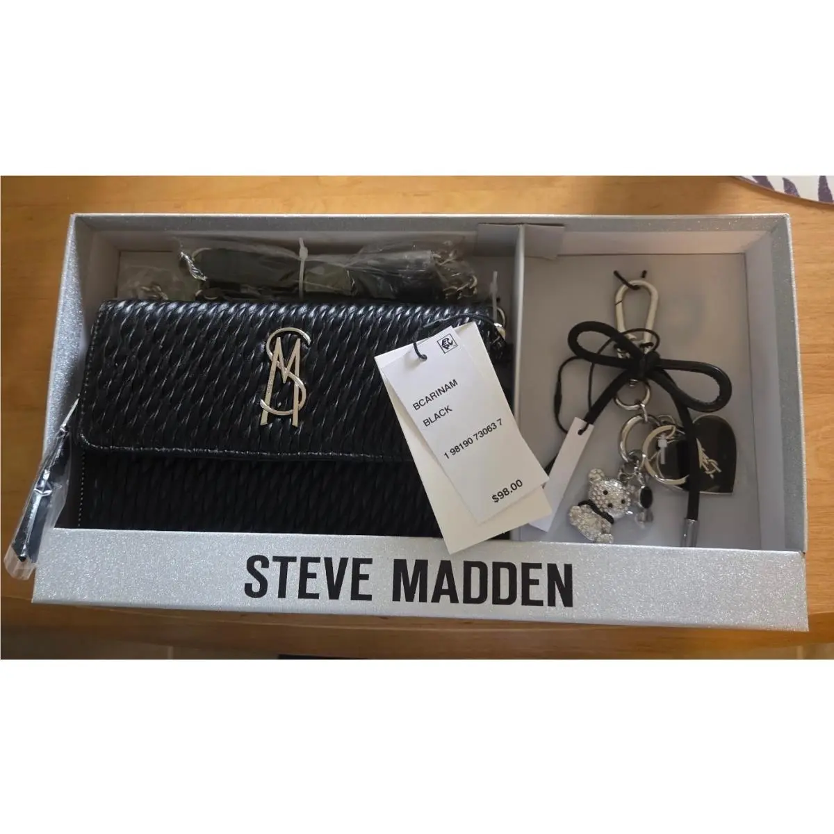 Bcarinam Quilted Crossbody Handbag Black Set Purse Wallet Bear by Steve Madden