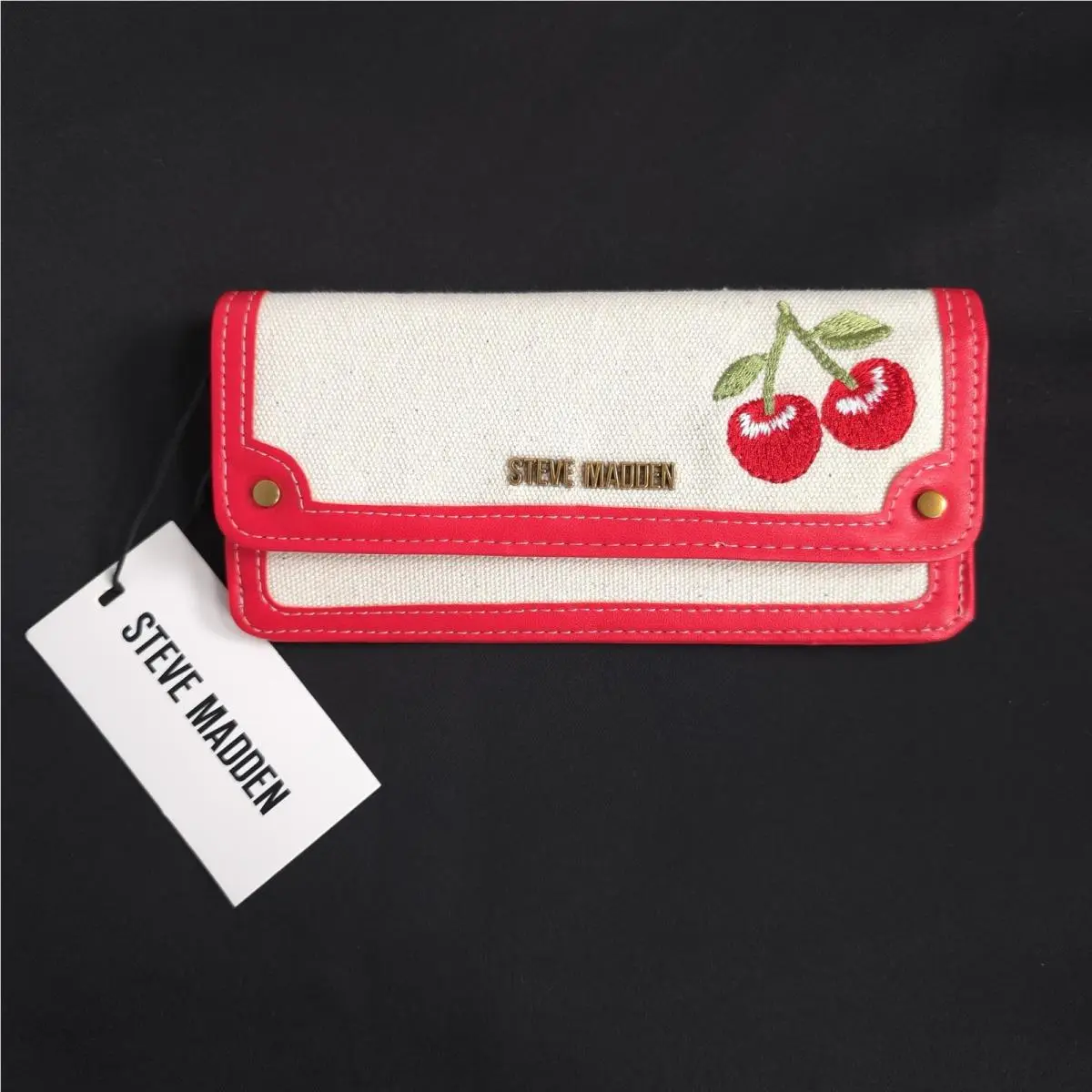 Cream Canvas Cotton Natural Red Cherry Wallet Red Trim by Steve Madden