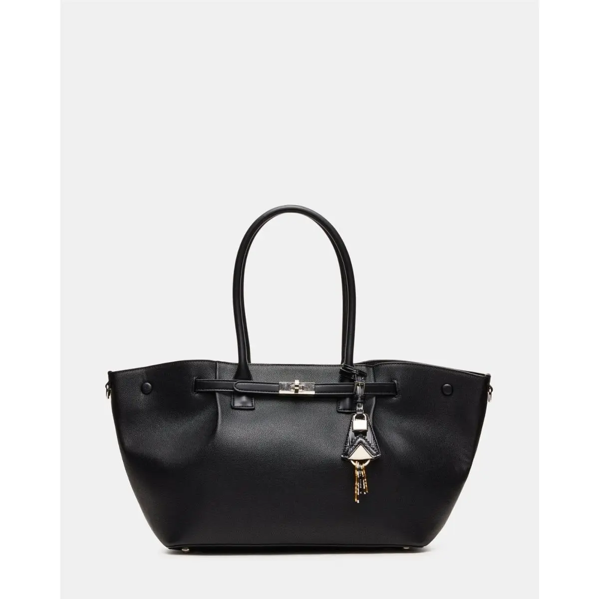Kacey Textured Black Leather Key Bag Charms Large Tote Handbag by Steve Madden