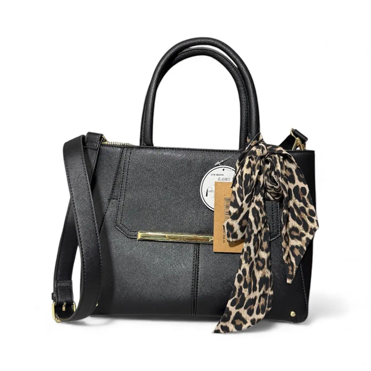 Steve Madden Bjuno Black Saffiano Satchel Shoulder Bag with Leopard Scarf