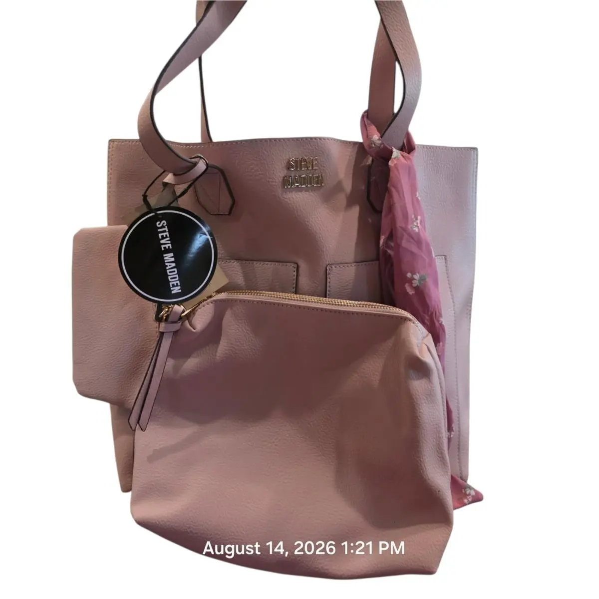 Steve Madden Bnellie 3 Piece Tote Bag Set Blush Pink Pouches Scarf