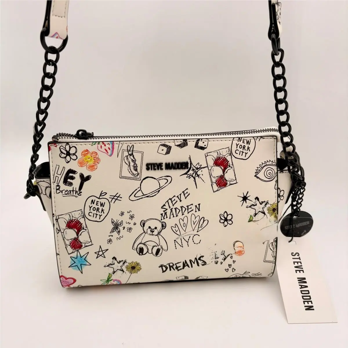 Graffiti Print Blexi Crossbody Bag White Black Chain Strap Top Zip by Steve Madden