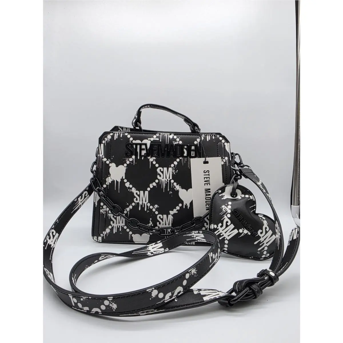 Black White Bloody Hearts Bevelyn Crossbody Satchel Black by Steve Madden