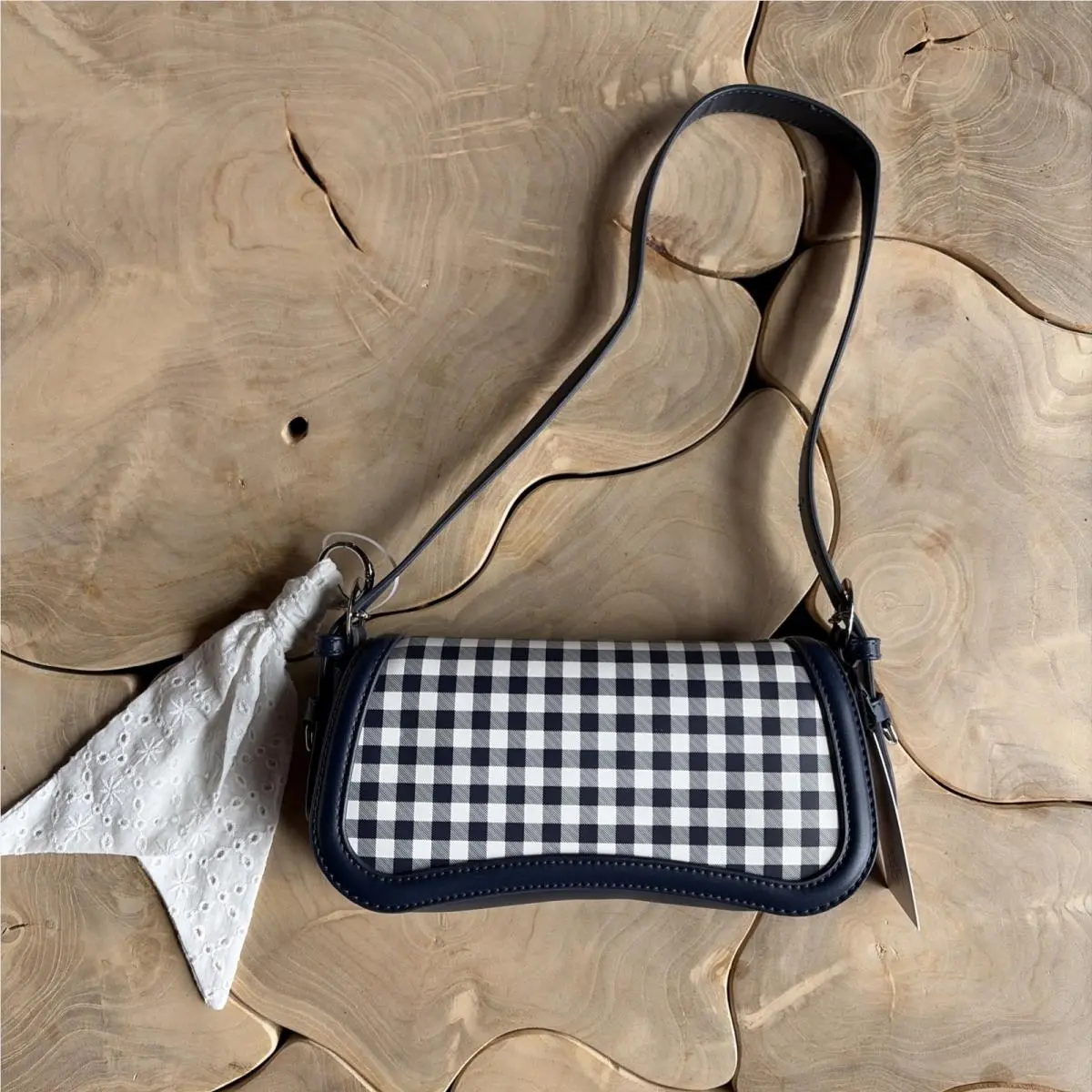 Women’s Small Navy Blue Gingham Shoulder Bag Detachable Strap Purse by Steve Madden