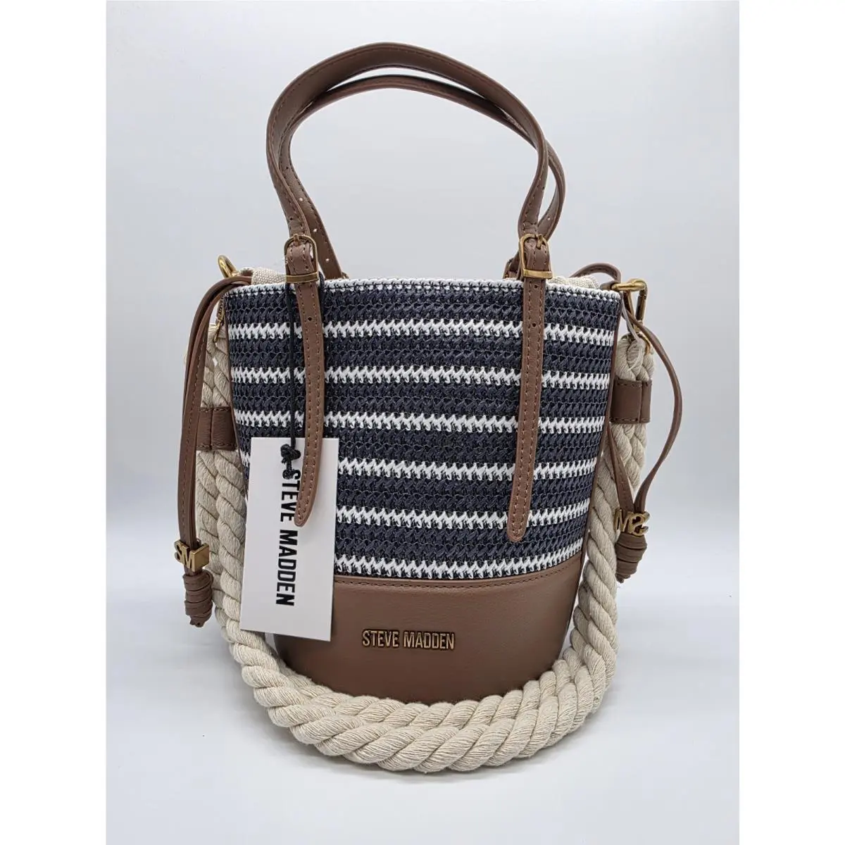 Bfalor Navy Cream Multi Color Striped Bucket Bag Brown Trim by Steve Madden
