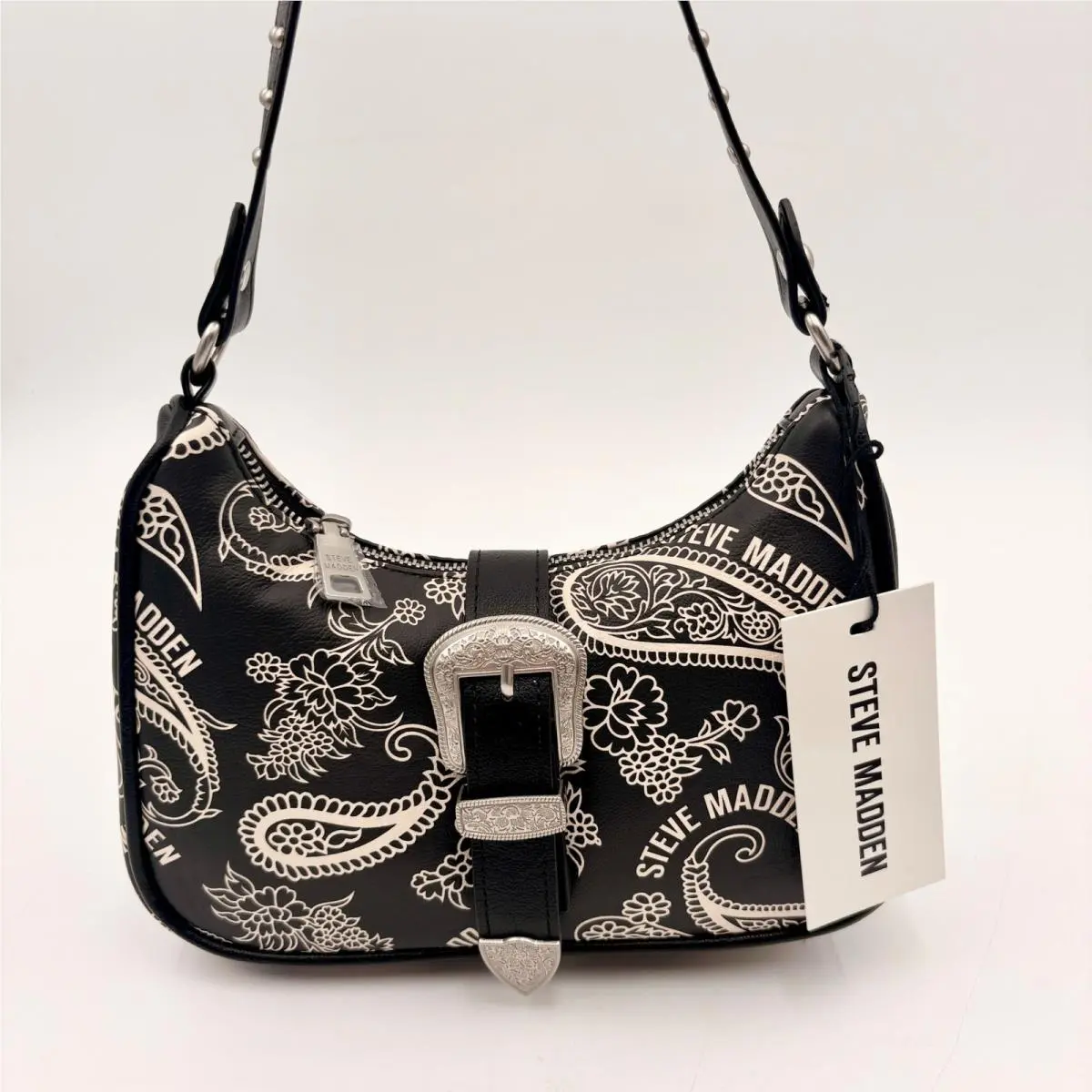 Bpauli Bandana Paisley Western Buckle Studded Shoulder Bag Black by Steve Madden