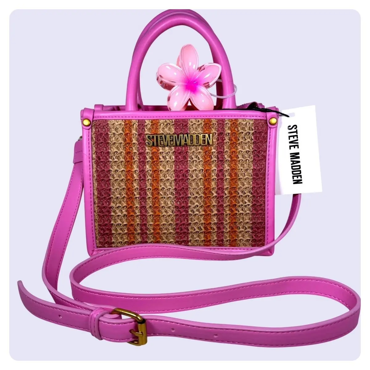 Bmona Mini Tote Bag Woven Straw Pink Striped Crossbody Satchel OS by Steve Madden