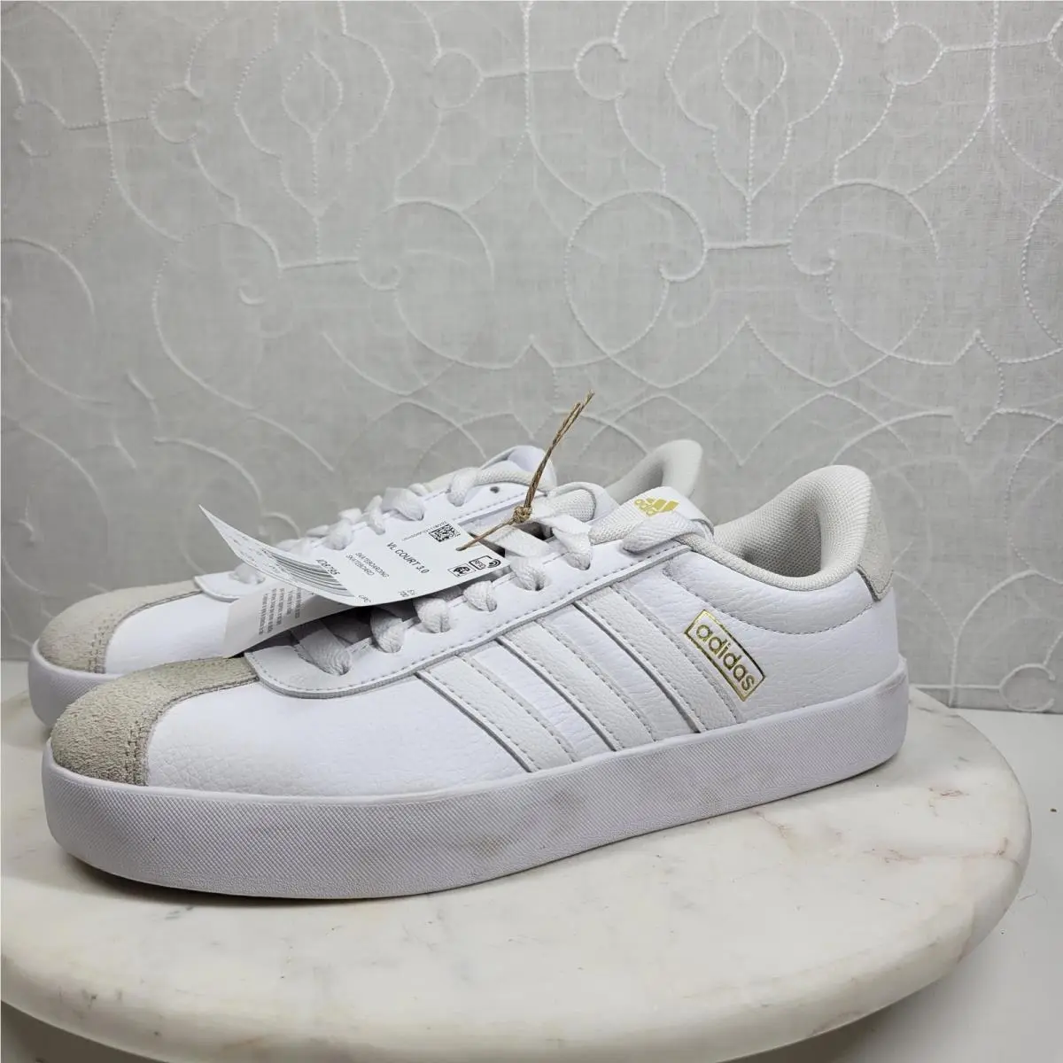 VL Court 3.0 Skate Sneakers Size 7 White Gold Leather Casual Everyday by Adidas