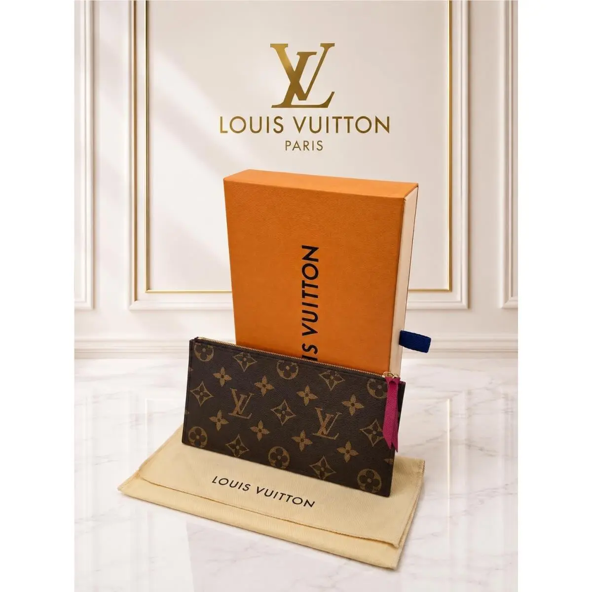Monogram Canvas Zip Pouch Insert Brown Pink Leather Pull by Louis Vuitton