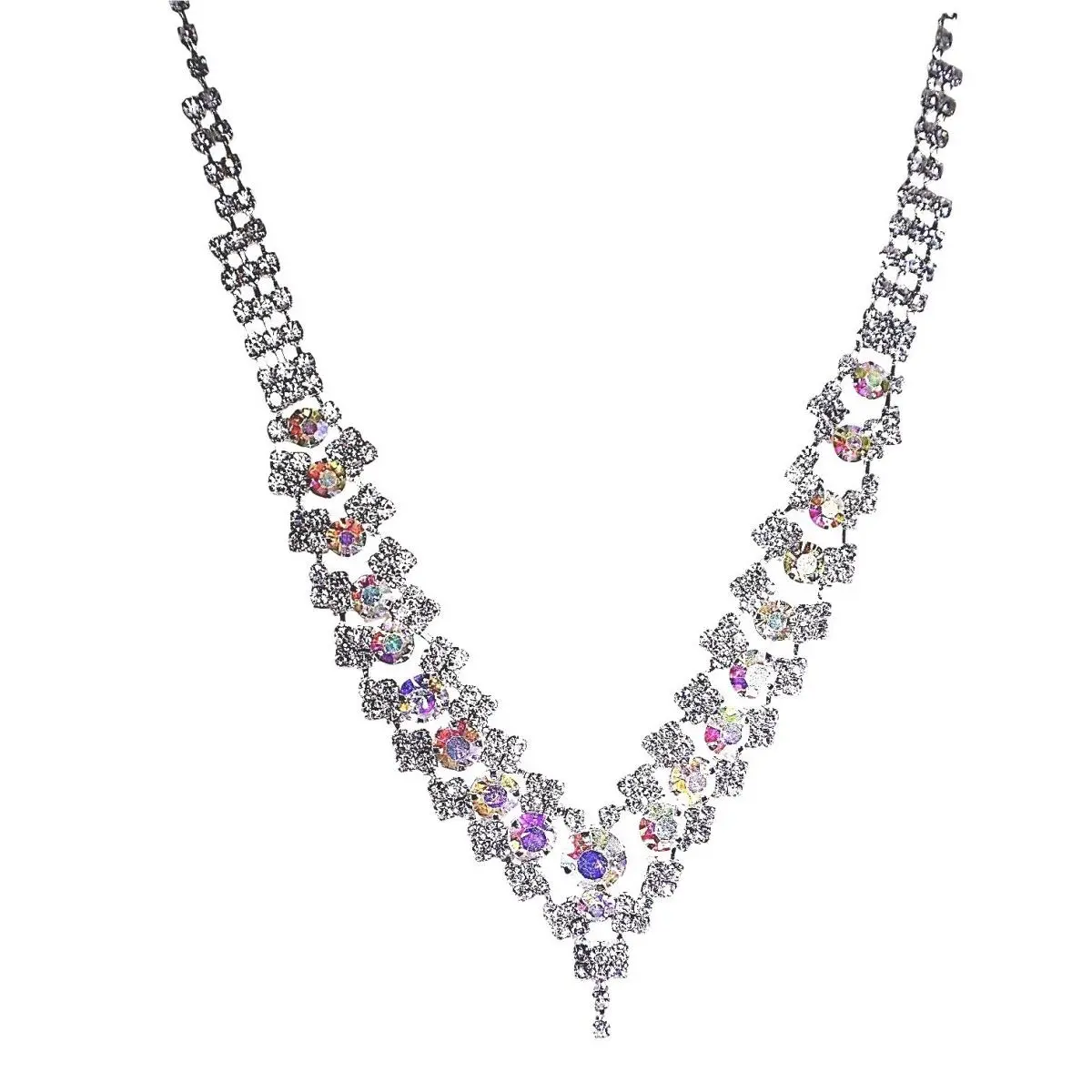 Crystal Silver Overlay V Bib Statement Necklace Aurora Borealis by Swarovski