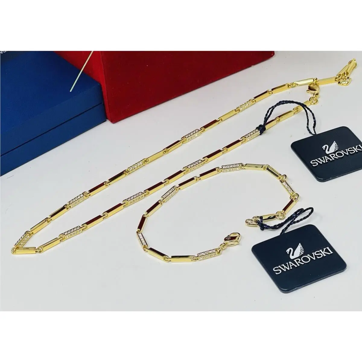 Crystal Necklace Bracelet Set Gold Tone Clear Stones Boxed by Swarovski