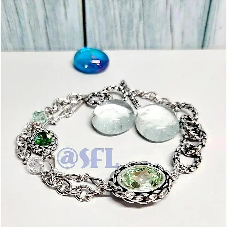 Paprika Chrysolite Toggle Bracelet Silver Tone Green and Clear Stones by Swarovski