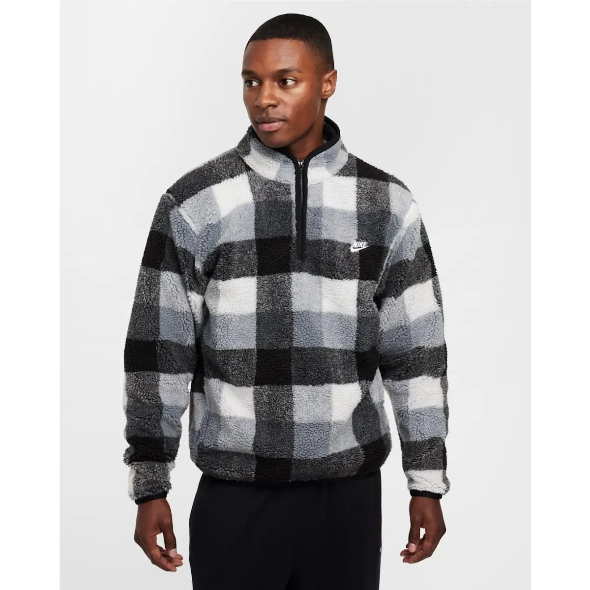Club Sweatshirt Men`s L Black White Plaid Fleece Winterized 1/4 Zip KFC804 by Nike