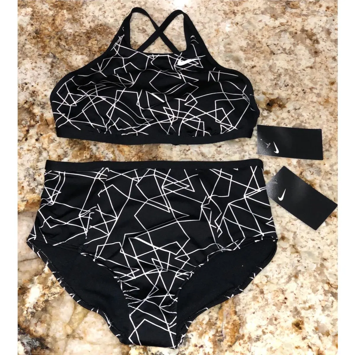 Nike clothing - NIKE Printed Black White Halter Top High Waist Bikini Bottoms - NESS8292 - Black 4