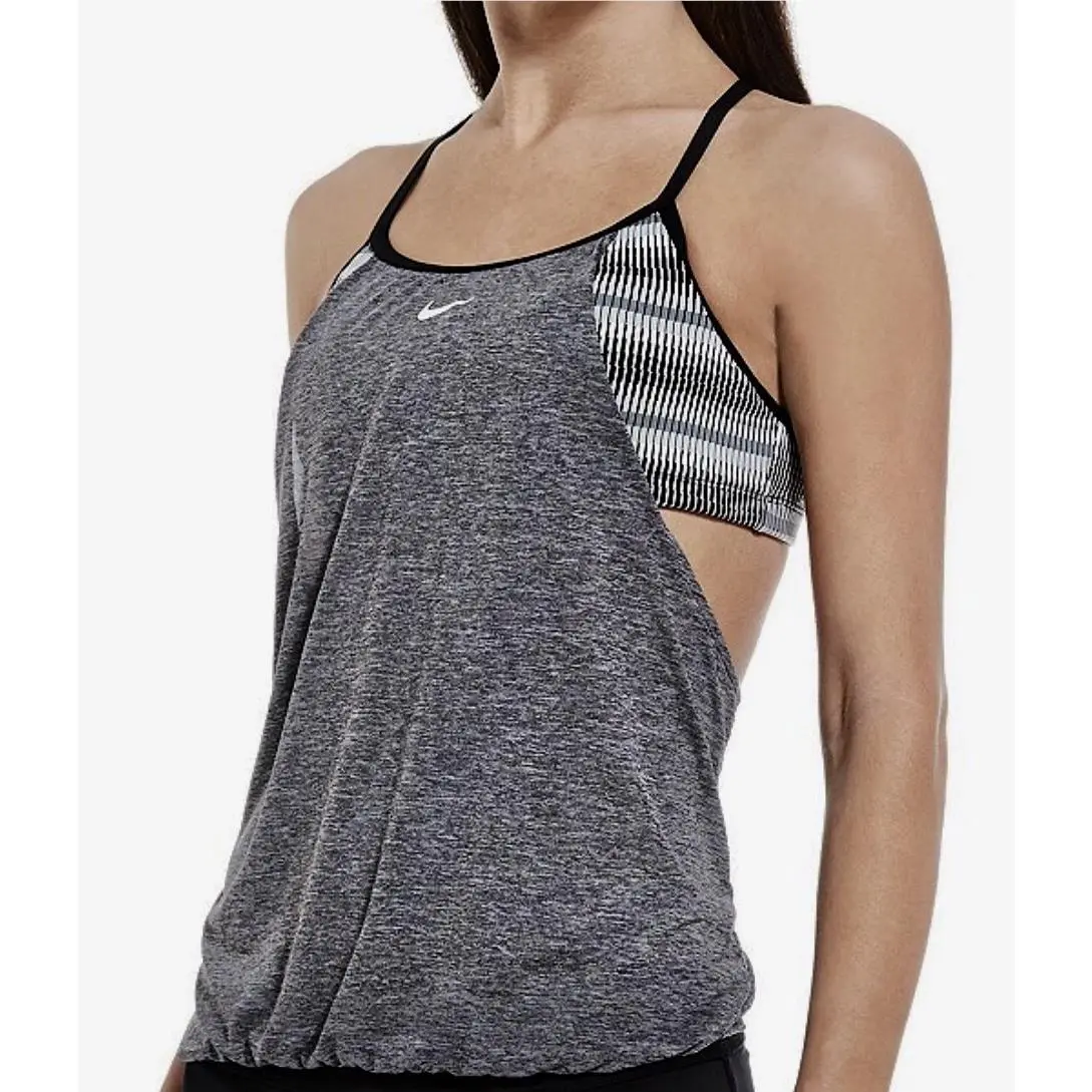 Layered Heather Tankini Top Solid Black Bikini Bottom Swim Suit Women S by Nike