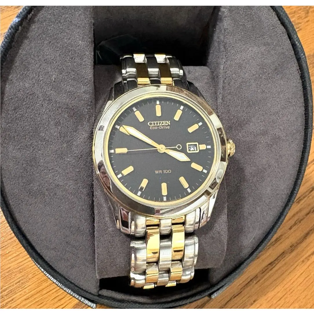 Eco-drive Men`s Two-tone Stainless Steel Wrist Watch Black Dial Nice by Citizen