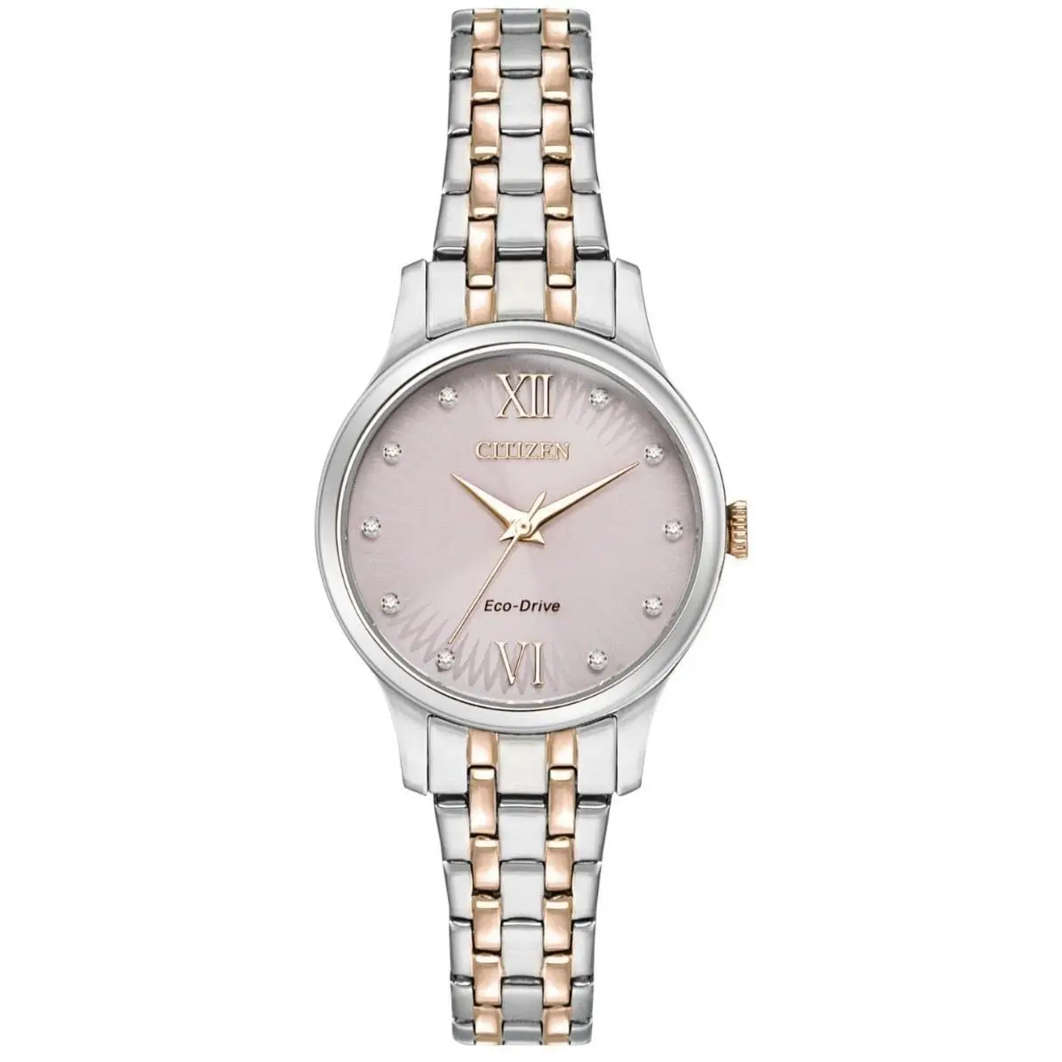Classic Eco-drive Pink Crystal Dial Two Tone Stainless Watch EM0897-51X by Citizen