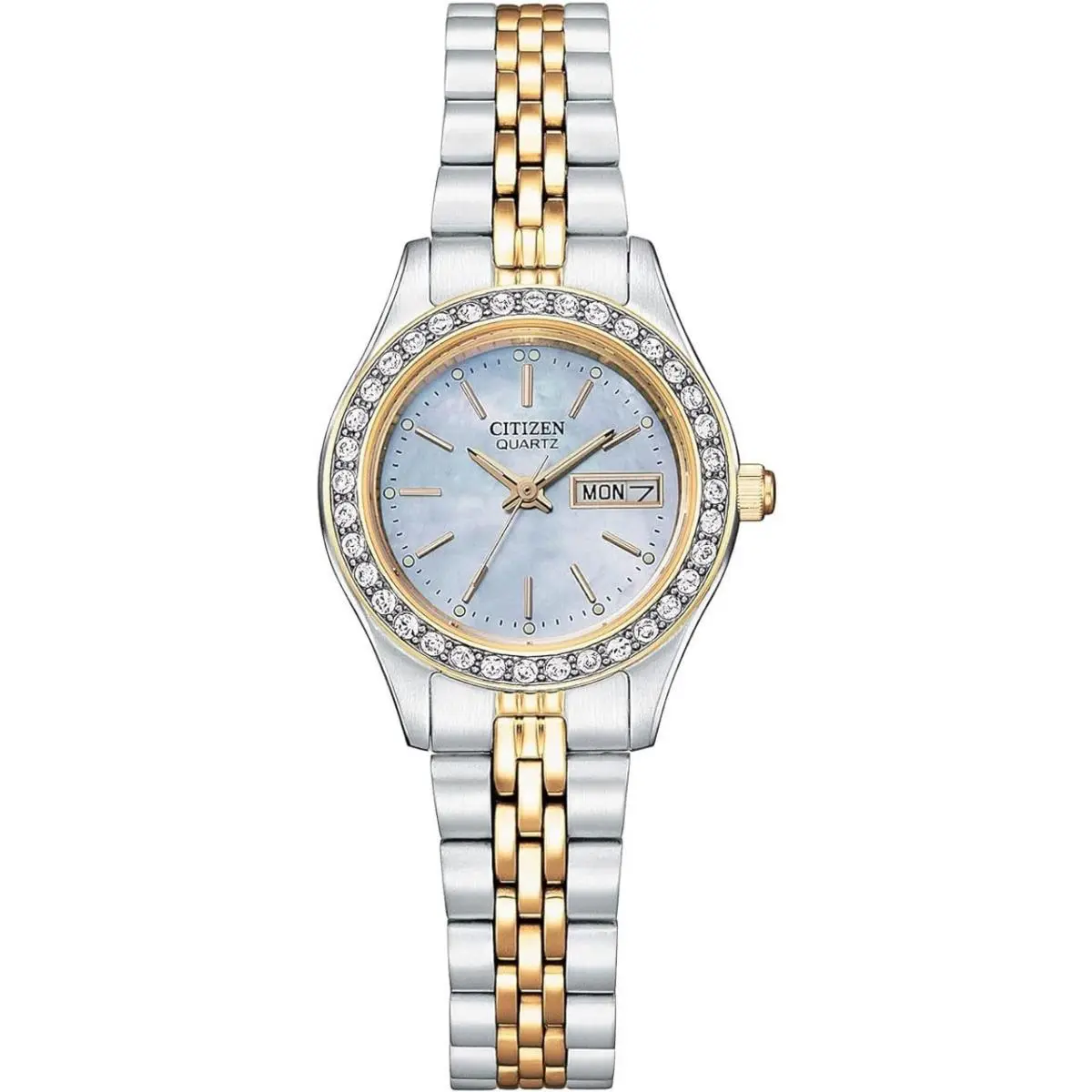 EQ0539-56Y Women`s Two Tone Crystal Accented Mop Dial Day Date Watch by Citizen