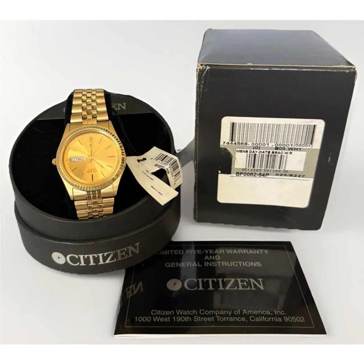 BF0082-54P Quartz Day Date Gold Tone Watch Nos Tags Working by Citizen