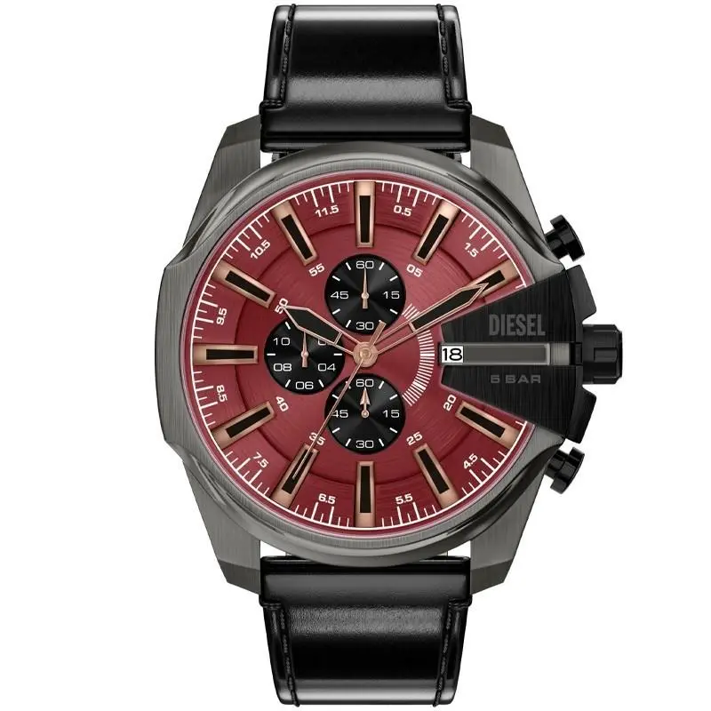 Diesel Mega Chief Slim Quartz 48mm Burgundy Dial Men`s Watch DZ4714 - Dial: Burgundy, Band: Black, Bezel: Gunmetal