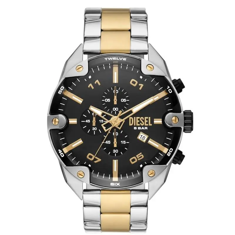 Diesel Spiked 49mm Quartz Black Dial Stainless Steel Men`s Watch DZ4627 - Dial: Black, Band: Gold, Silver, Bezel: Silver