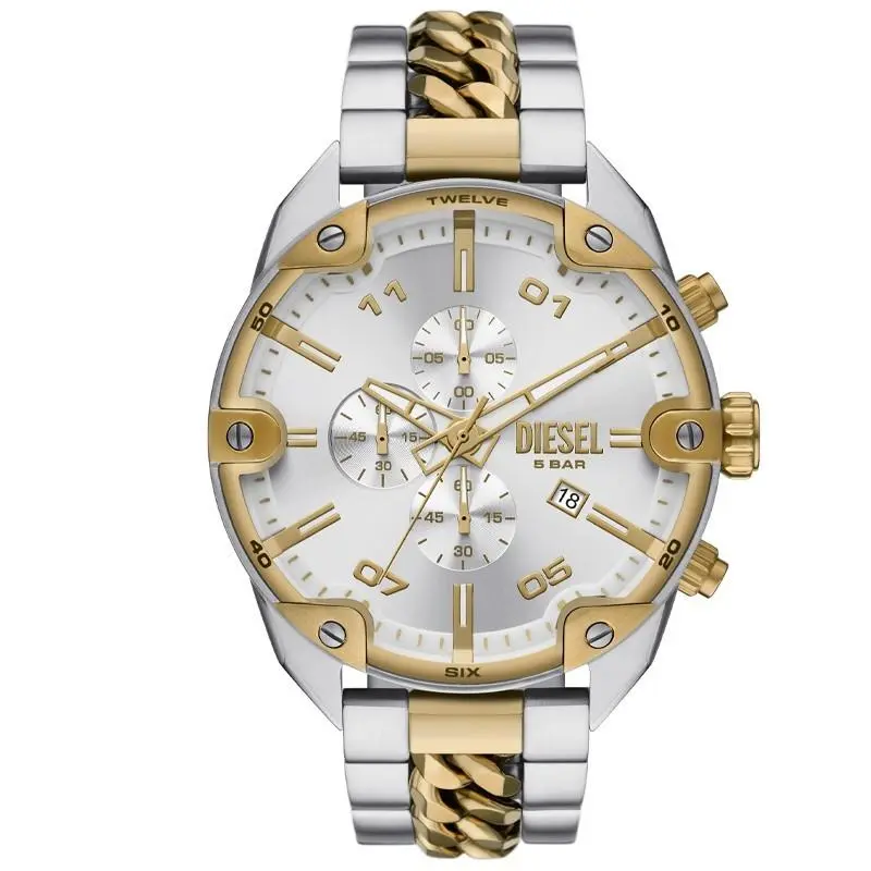 Diesel Spiked 49mm Quartz Silver Dial Stainless Steel Men`s Watch DZ4629 - Dial: Silver, Band: Gold, Silver, Bezel: Silver