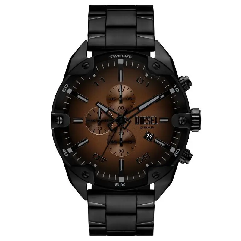Diesel Spiked Quartz 49mm Brown Dial Men`s Watch DZ4691 - Dial: Brown, Band: Black, Bezel: Black