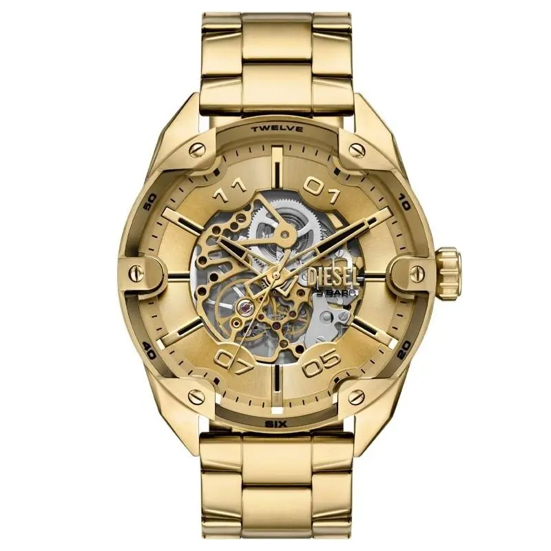 Diesel Spiked Quartz 49mm Gold Dial Men`s Watch DZ4720 - Dial: Gold, Band: Gold, Bezel: Gold
