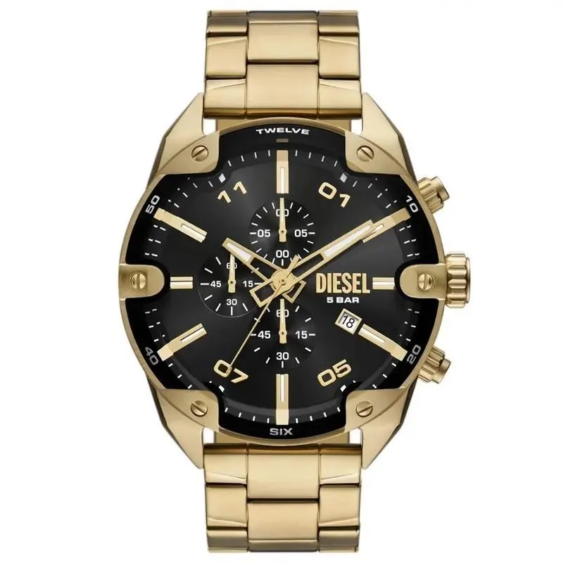 Diesel Spiked 49mm Quartz Black Dial Stainless Steel Men`s Watch DZ4678 - Dial: Black, Band: Gold, Bezel: Gold