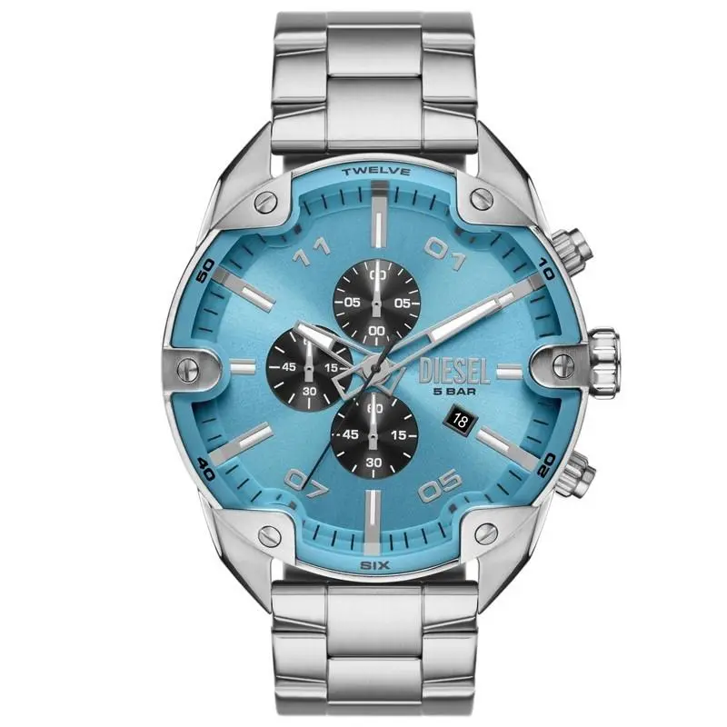 Diesel Spiked 49mm Quartz Blue Dial Stainless Steel Men`s Watch DZ4655 - Dial: Blue, Band: Silver, Bezel: Silver