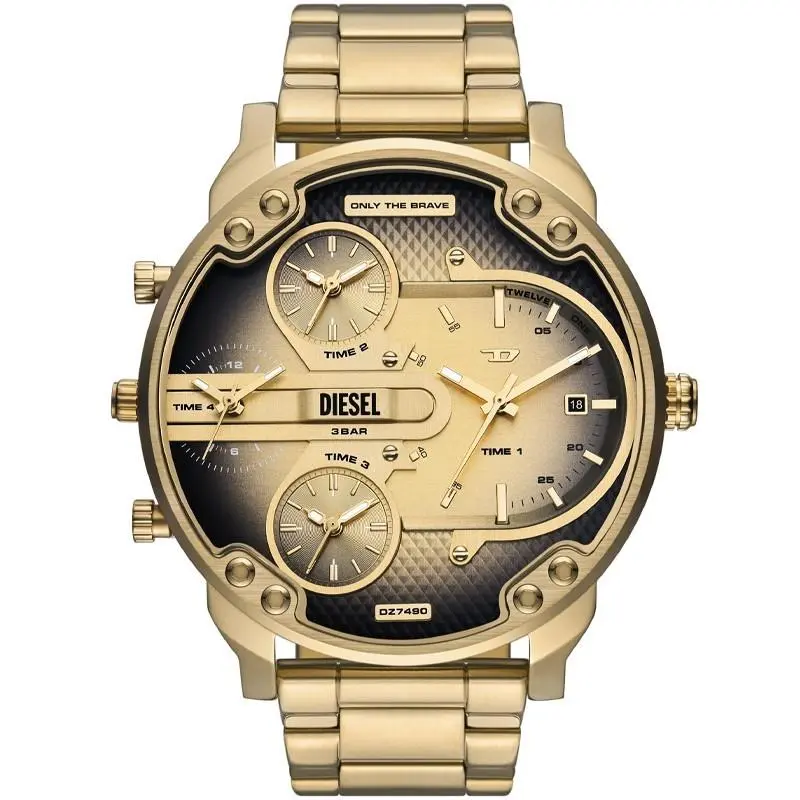 Diesel Mr. Daddy Slim Quartz 54mm Black Dial Men`s Watch DZ7490 - Dial: Black, Band: Gold, Bezel: Gold