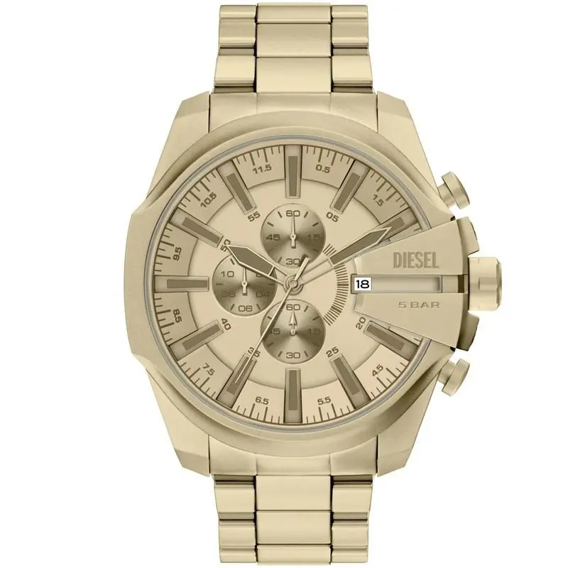 Diesel Mega Chief Slim Quartz 48mm Gold Dial Men`s Watch DZ4716 - Dial: Gold, Band: Gold, Bezel: Gold