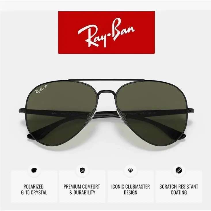 Ray Ban Aviator Sunglasses Black Metal Frame Green Lense Orb 3675 by Ray-Ban