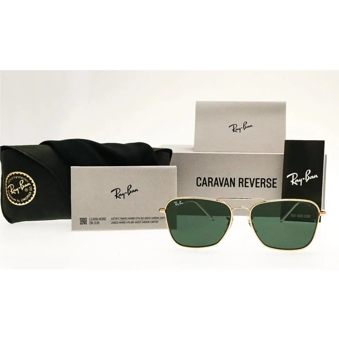 Ray-ban Caravan RBR0102s Reverse Arista Gold Sunglasses Dark Green 001/VR 58mm by Ray-Ban