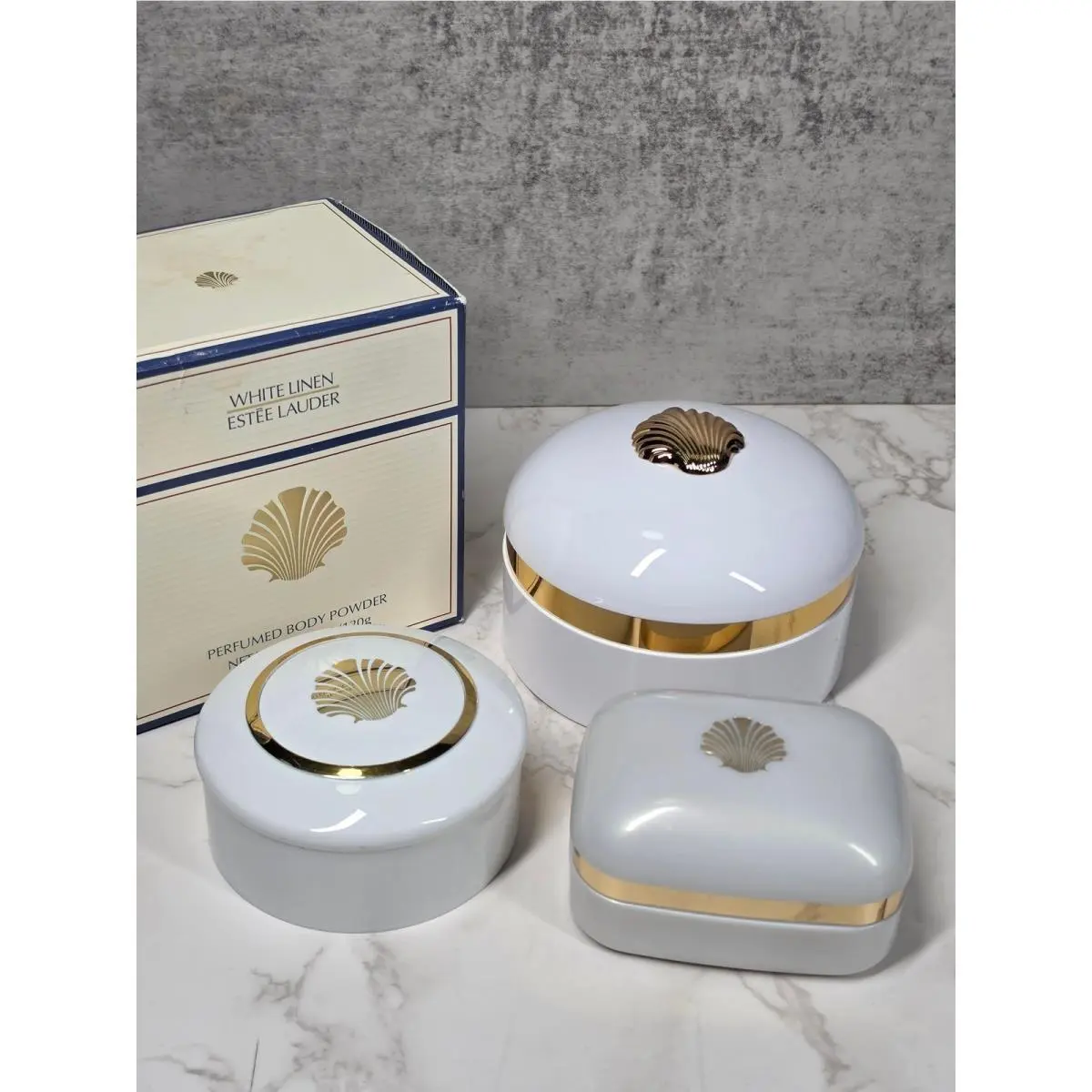 Vintage 90s Estee Lauder White Linen 3 Piece Vanity Set Seashell Powder Soap by Estée Lauder