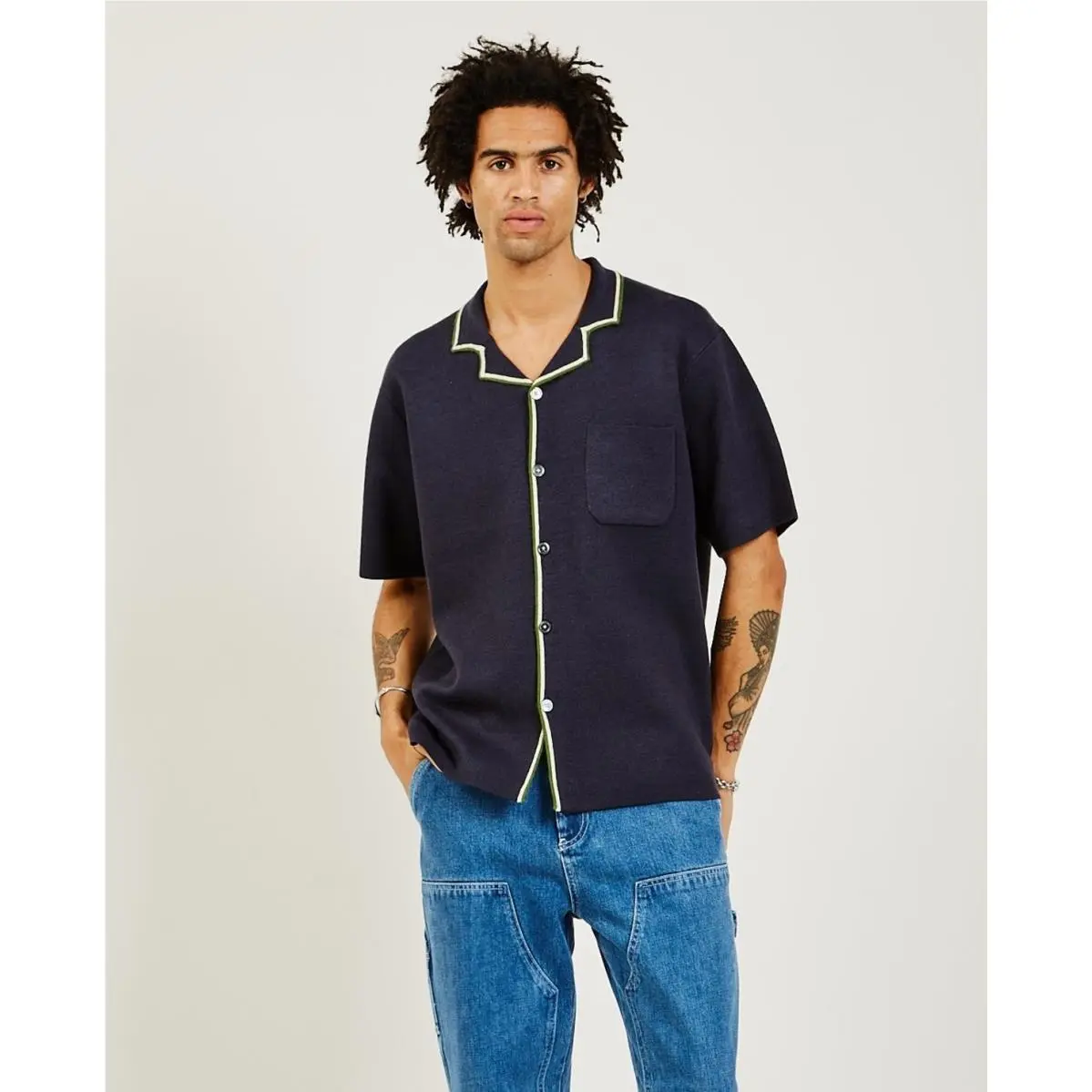 Stussy Mens Stripe Edge Knit Button-up S/s Shirt Wool Blend Navy Blue Size M