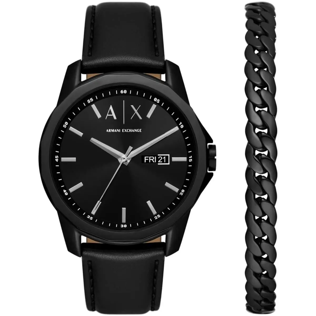 Men`s Watch Set Banks Black Leather Strap Date-day AX7147SET by Armani Exchange