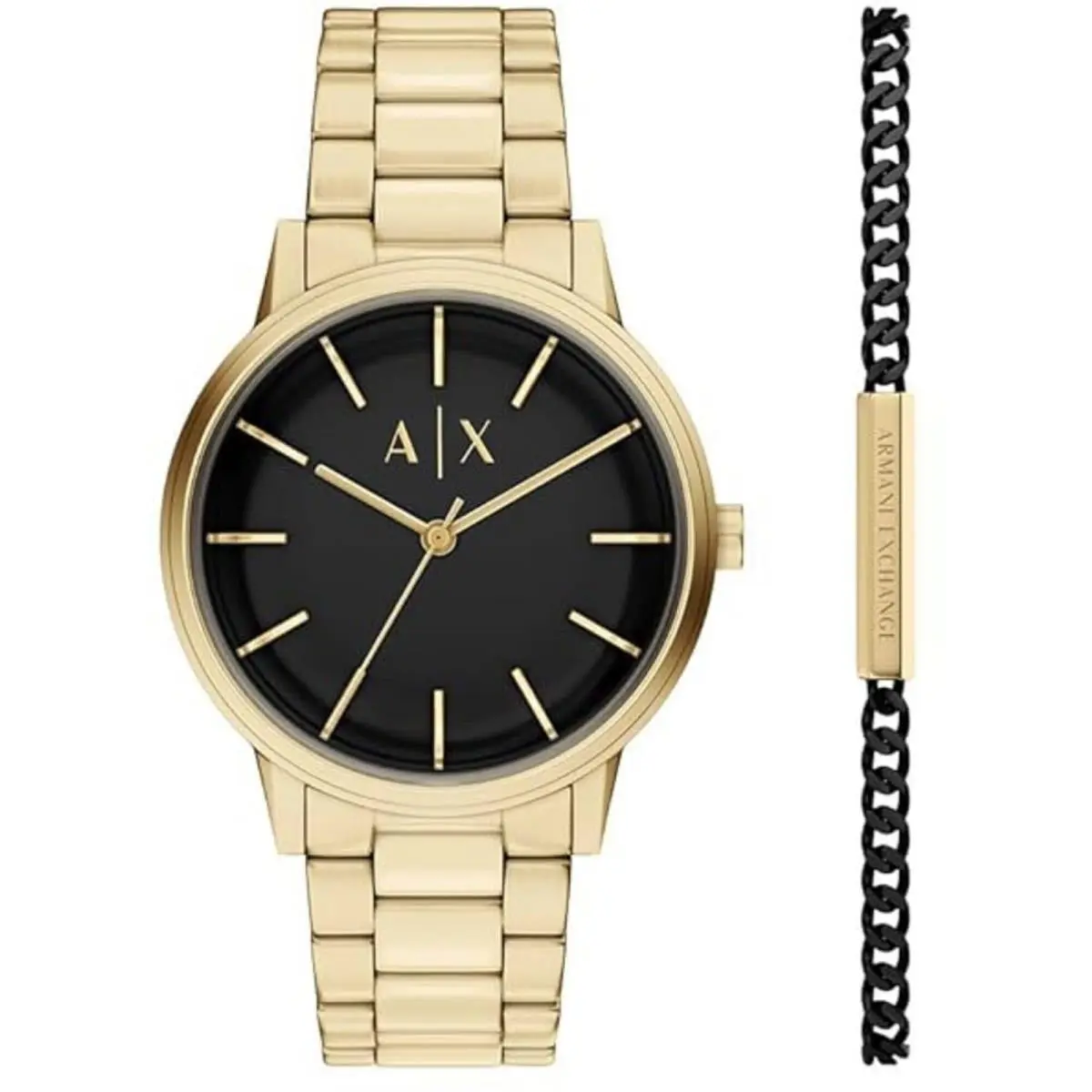Armani Exchange Men`s Watch Set Cayde Black Dial Yellow Gold Bracelet AX7178SET