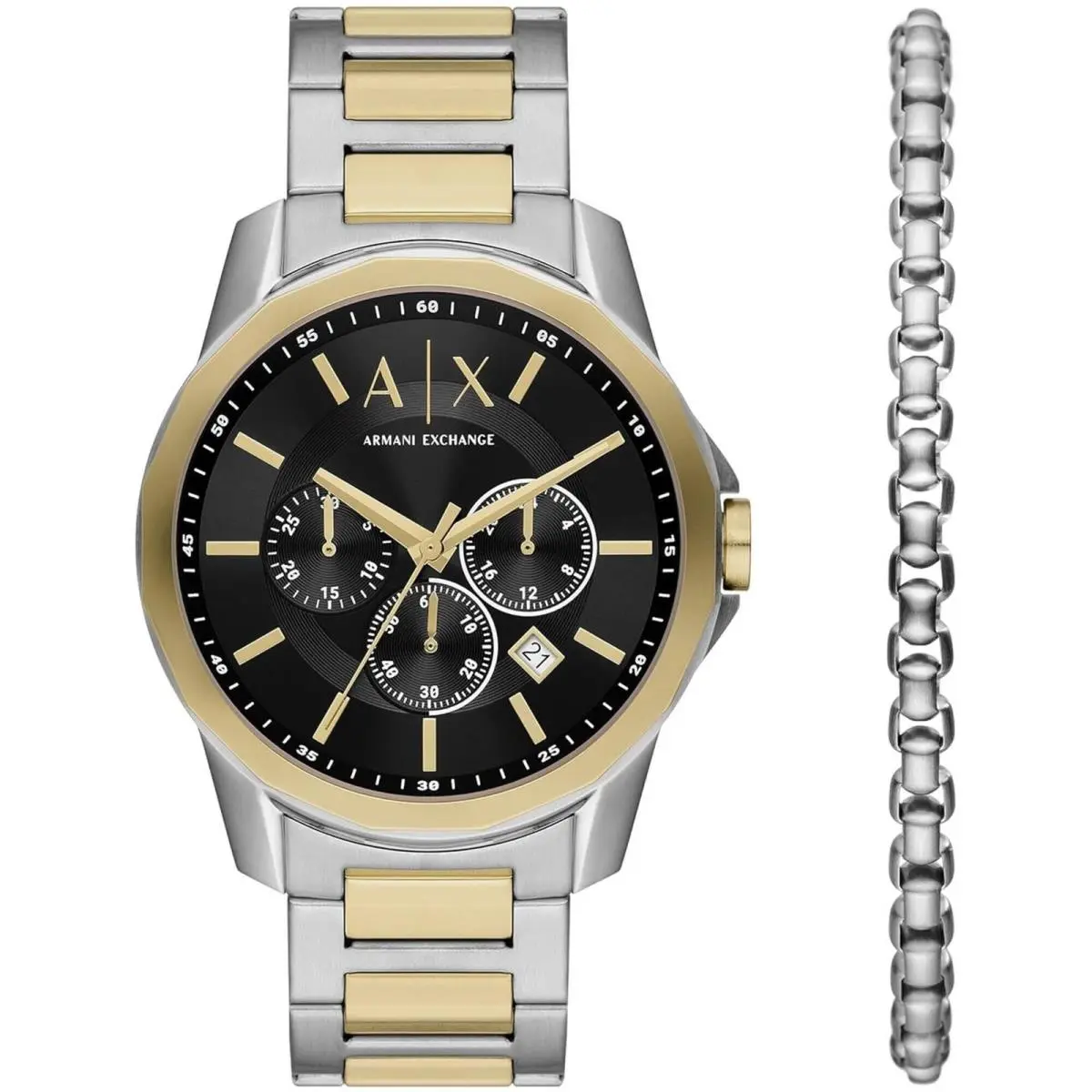 Armani Exchange Men`s Watch Set Banks Chrono Two Tone Steel Bracelet AX7148SET