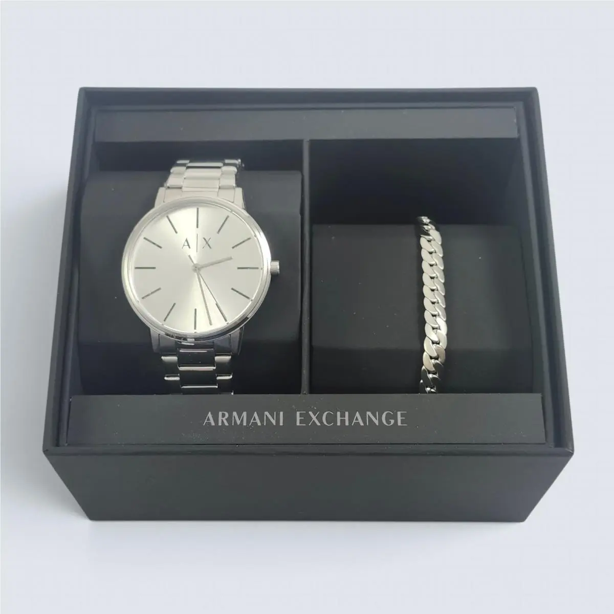 Armani Exchange Silver Mens Cayde Watch Bracelet Boxed Gift Set AX7138