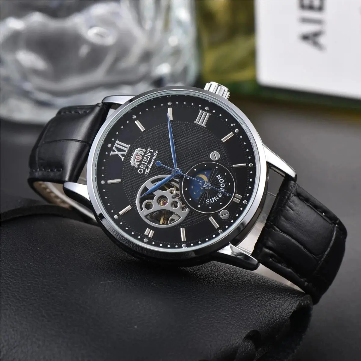 Sun & Moon Semi Sun Moon Semi Skeleton Automatic Watch Men`s Leather Strap Luxury Gift by Orient