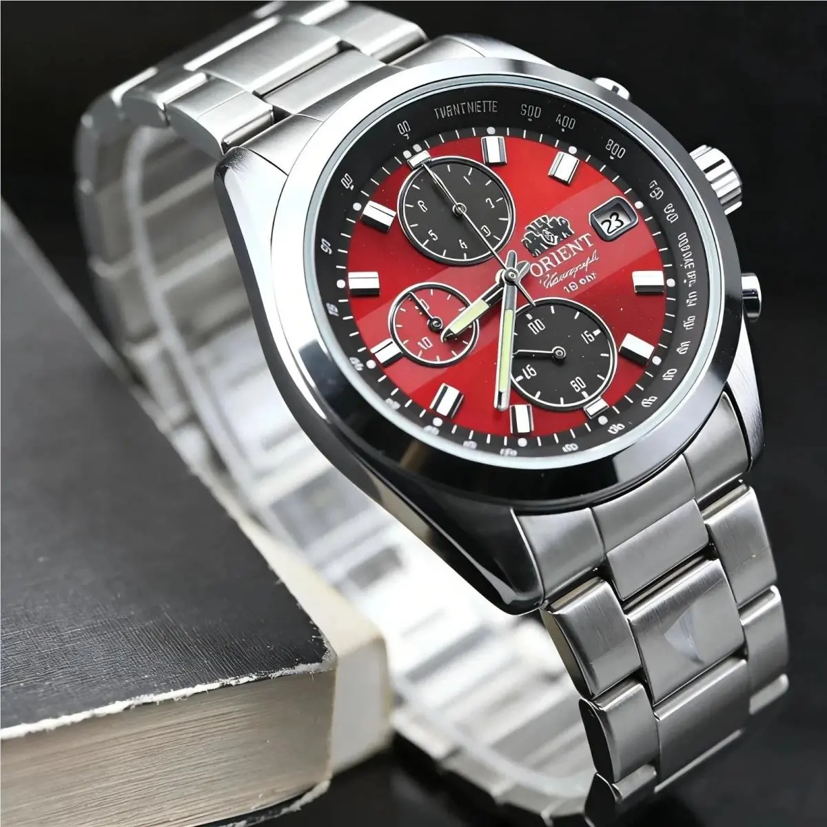 Watch Men`s Quartz Chronograph Red Dial Stainless Steel Band Waterproof by Orient