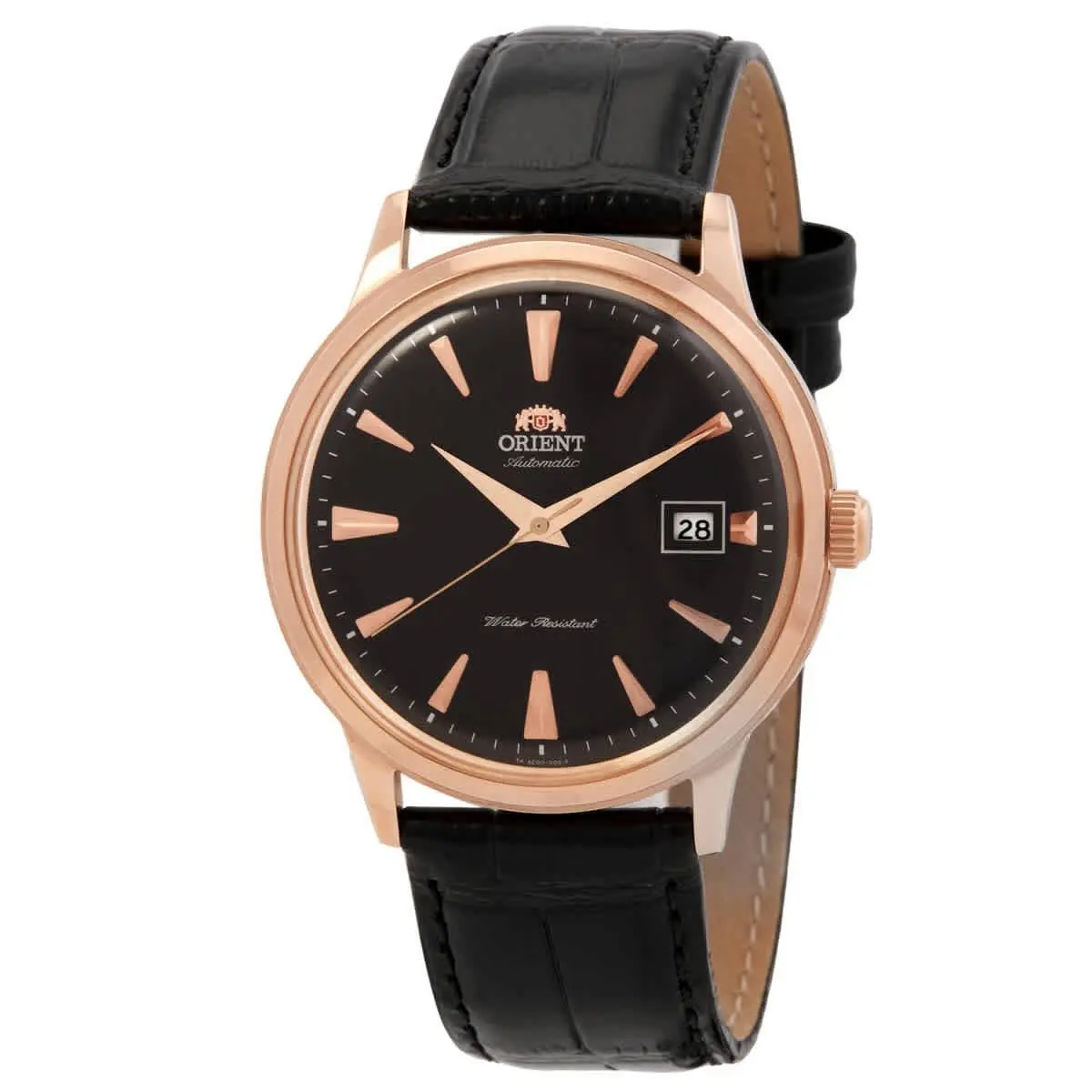 Orient Bambino Automatic Black Dial Watch TAC00001B - Dial: Black, Band: Black, Bezel: Rose Gold-tone