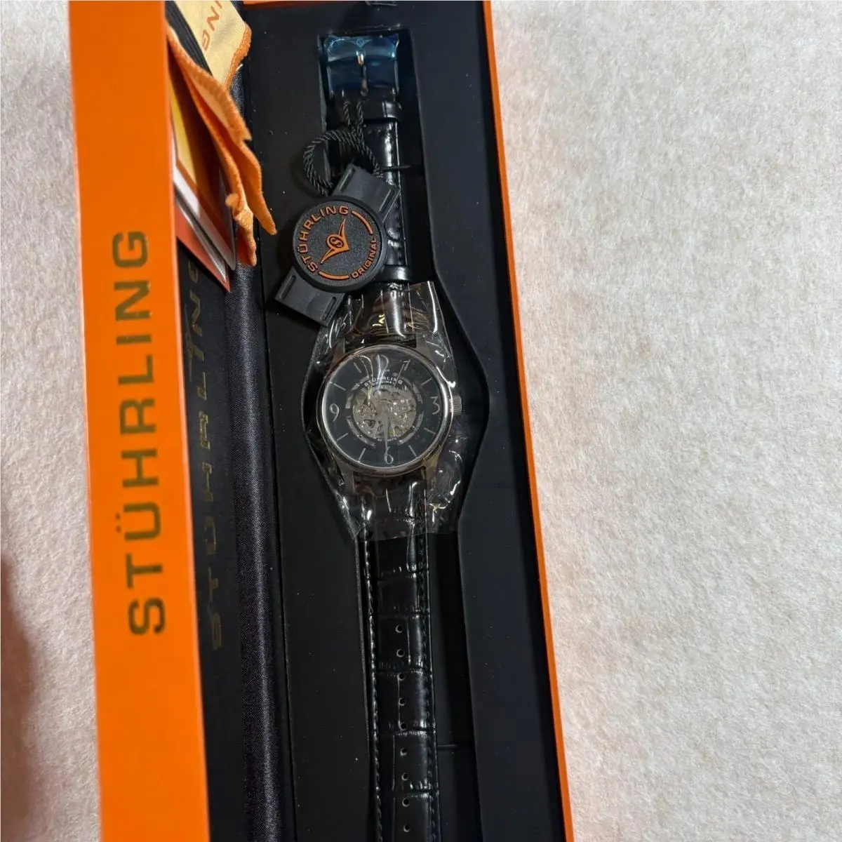 Stuhrling Skeleton Automatic Mens Watch Leather Strap Box Papers by Stührling