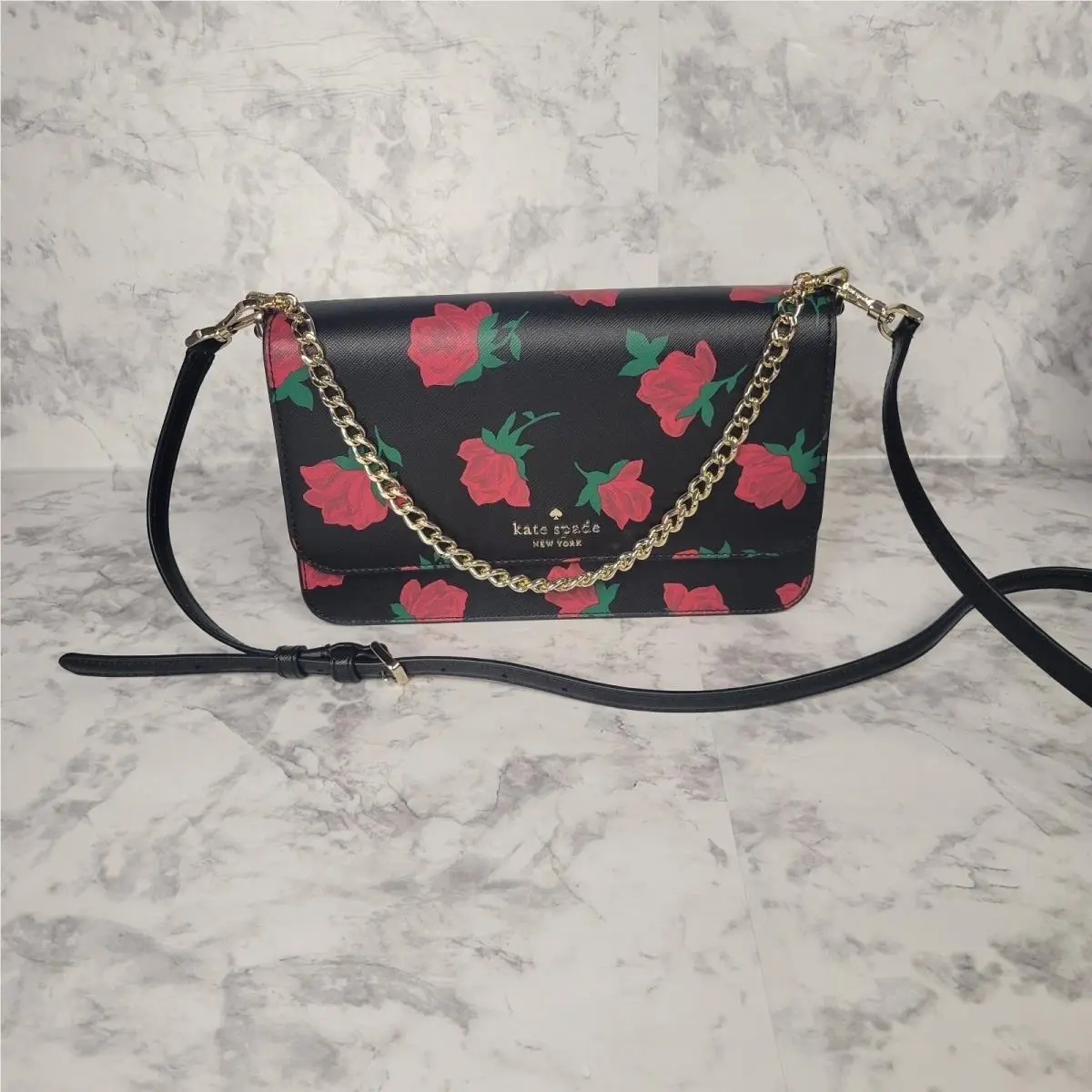 New York Rose Print Saffiano Leather Crossbody Bag Black Red Floral by Kate Spade