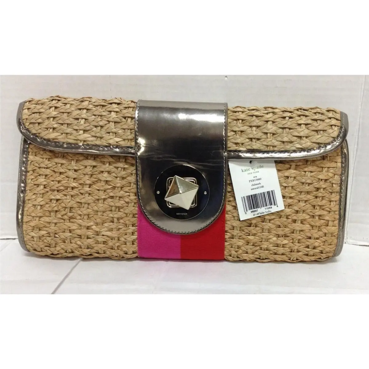 Woven Straw Clutch Silver Trim Storage Bag Purse Handbag Natural by Kate Spade