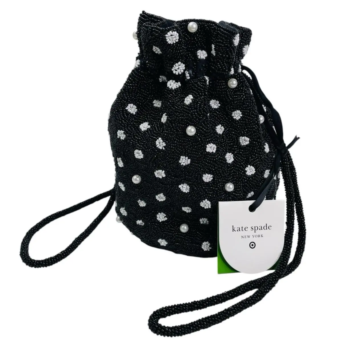 Kate Spade Bucket Bag Beaded Polka Dot White Black New York Target Drawstring