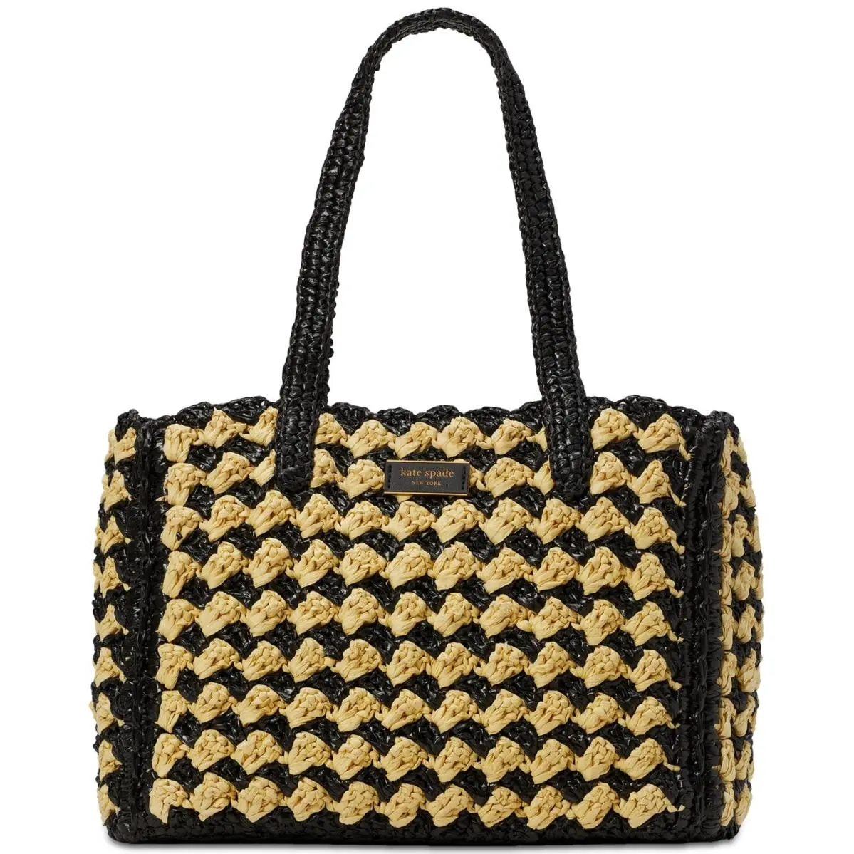 Kate Spade N Y High Tide Striped Shoulder Bag Crochet Raffia Black Natural